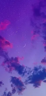 Purple night sky with crescent moon and colorful clouds wallpaper.