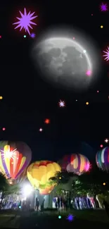 Colorful hot air balloons under a vibrant night sky with moon.