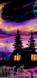 Vibrant night sky with colorful clouds and a glowing cabin scene.