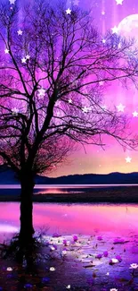 Silhouetted tree and moon over purple night sky on calm lake.