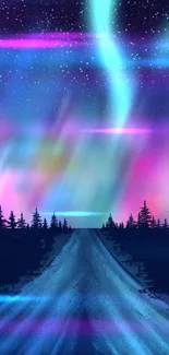 Vibrant night sky with colorful auroras and starry background.