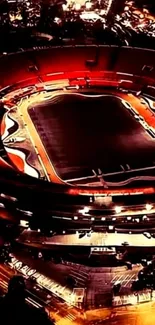 Aerial view of a stadium illuminated at night with vibrant red-orange light.