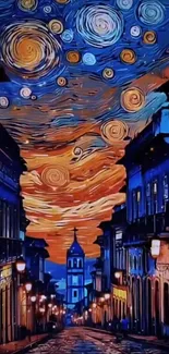 Abstract city street with swirling sky art.