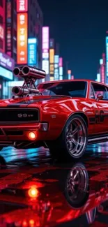 Sleek red car on neon-lit urban street with vibrant reflection.
