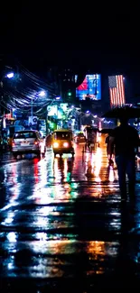 Vibrant night street scene with colorful lights and reflections.