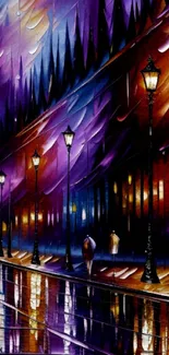 Vibrant artwork of a rainy city street at night with colorful reflections.