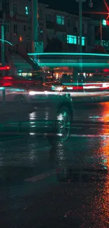 Vibrant night street with neon lights reflecting on wet pavement.