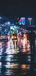 Vibrant night street scene with colorful reflections.