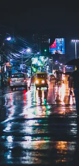 Rainy night street with glowing city lights on wet road.