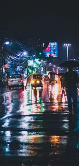 Vibrant rainy night street with illuminated reflections and silhouettes.