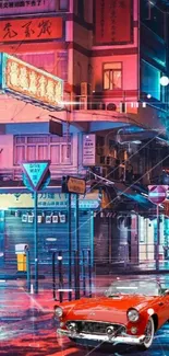 Vibrant neon-lit street with a vintage red car at night in the city.