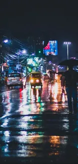 Colorful night street with neon lights reflecting on wet pavement.