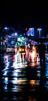 Rainy city street at night with neon reflections and vibrant urban atmosphere.