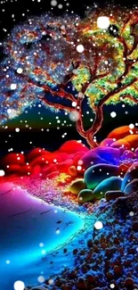 Vibrant, colorful tree at night under a bright moon, set in a surreal landscape.