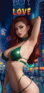 Anime character in green bikini against a vibrant city night background.