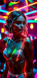 Woman in a neon-lit club, vibrant ambiance.
