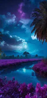 Dreamy night landscape with purple fields and a moonlit sky.