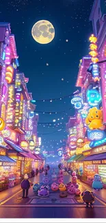 Vibrant city street at night with neon lights and whimsical characters under a starry sky.