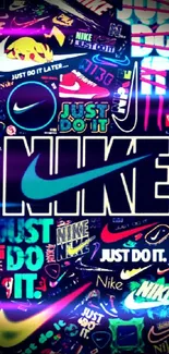 Colorful Nike logos and slogans collage wallpaper.