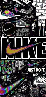 Vibrant Nike logo collage wallpaper with colorful accents on a dark background.