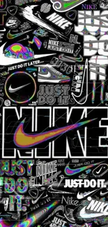 Vibrant collage of Nike logo with Just Do It slogans on black background.