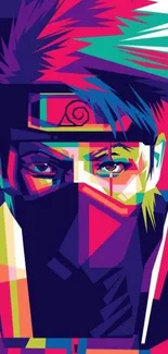 Vibrant geometric ninja art wallpaper with bold colors.