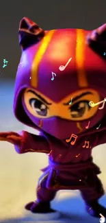 Animated ninja with music notes, purple theme.