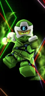 Green ninja with neon effects on dark background.