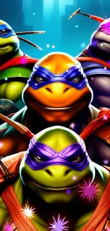 Vibrant Ninja Turtles characters in action pose on wallpaper.