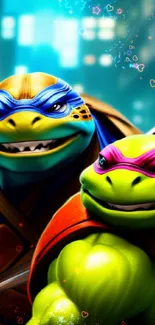 Ninja Turtles in action with colorful cityscape background.