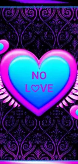 Vibrant heart wallpaper with 'No Love' text and angel wings in purple tones.