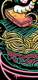 Vibrant, colorful noodle art illustration on a black background.