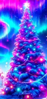 Vibrant Christmas tree under Northern Lights with colorful lights.