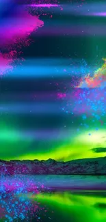 Neon green Northern Lights over snowy mountains with vibrant colors.