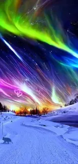 Vibrant aurora borealis over snowy landscape.