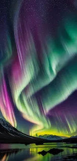 Vibrant aurora borealis with greens and purples over a dark mountainous landscape.