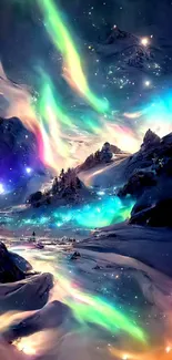 Fantasy landscape with aurora over snowy mountains