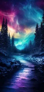 Vibrant Northern Lights above a forest stream at night.