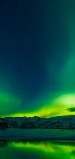 Vibrant Northern Lights over snowy landscape with starry night sky.