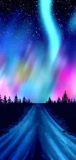 Vibrant Northern Lights over a forest road under a starry night sky.