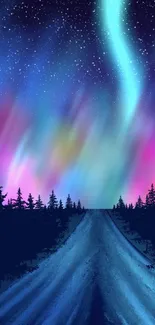 Colorful Northern Lights over a forest path.