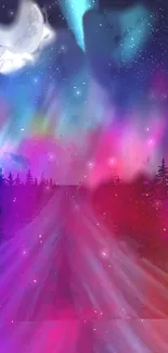 Vibrant aurora with bright moonlight in the Northern Lights mobile wallpaper.