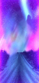 Vibrant northern lights in purple hues over a serene landscape, perfect for mobiles.