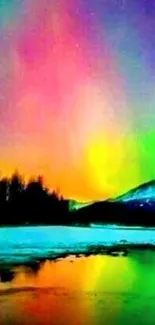 Colorful aurora borealis over snowy landscape with reflection.