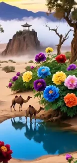 Vibrant fantasy oasis with colorful flowers and camels in a serene landscape.