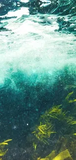 Vibrant aqua ocean wallpaper with yellow seaweed and waves.