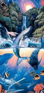 Fantasy ocean scene with waterfalls, whales, and vibrant coral