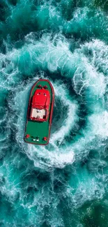 Aerial view of a boat spinning rapidly in vibrant teal ocean waves.