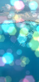 Vibrant ocean bokeh wallpaper with shimmering blue and colorful lights.