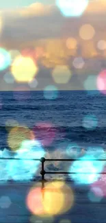 Vibrant ocean scene with colorful bokeh lights and gentle sea waves.